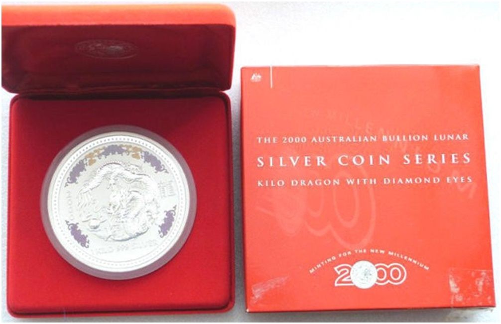 2000 Australia Lunar Dragon Diamond Gemstone $30 Silver Kilo Coin Boxed