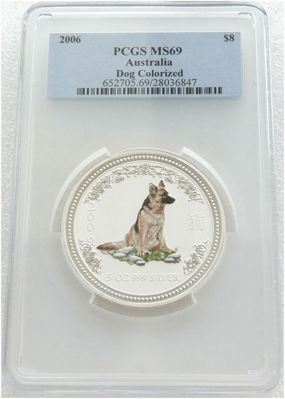 2006 Australia Lunar Dog German Shepherd Colour $8 Silver 5oz Coin PCGS MS69 2006 Australia Lunar Dog German Shepherd Colour $8 Silver 5oz Coin PCGS MS69