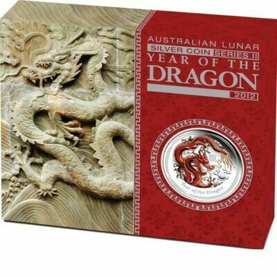 2012-P Australia Lunar Dragon Colour 50c Silver Proof 1/2oz Coin Box Coa