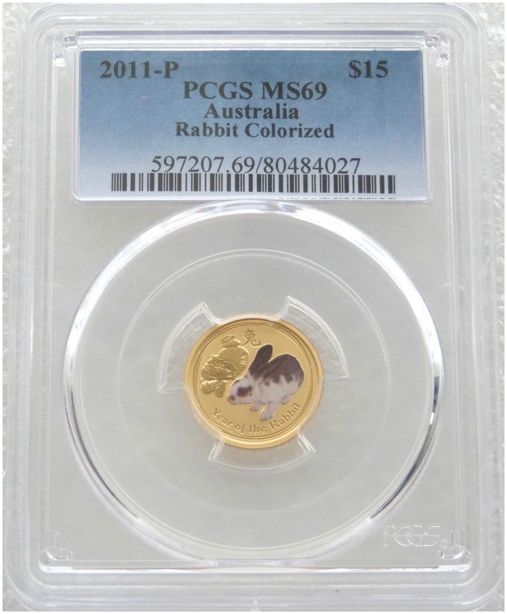 2011-P Australia Lunar Rabbit Colour $15 Gold 1/10oz Coin PCGS MS69