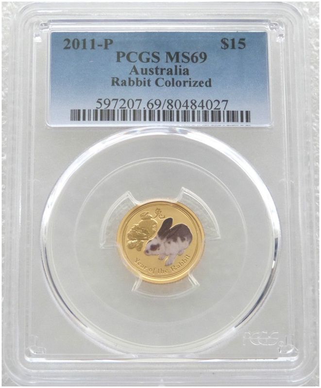 2011-P Australia Lunar Rabbit Colour $15 Gold 1/10oz Coin PCGS MS69