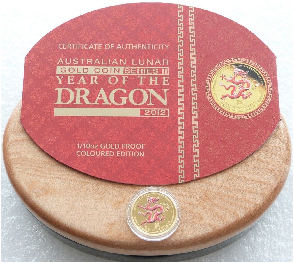 2012-P Australia Lunar Dragon Colour $15 Gold Proof 1/10oz Coin