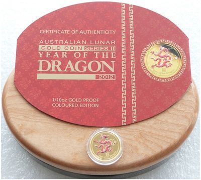 2012-P Australia Lunar Dragon Colour $15 Gold Proof 1/10oz Coin