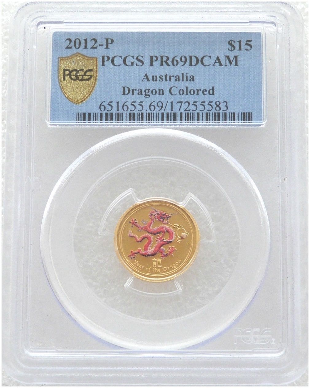 2012-P Australia Lunar Dragon Colour $15 Gold Proof 1/10oz Coin PCGS PR69 DCAM 2012-P Australia Lunar Dragon Colour $15 Gold Proof 1/10oz Coin PCGS PR69 DCAM