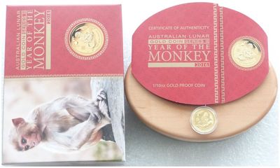 2016-P Australia Lunar Monkey $15 Gold Proof 1/10oz Coin Box Coa