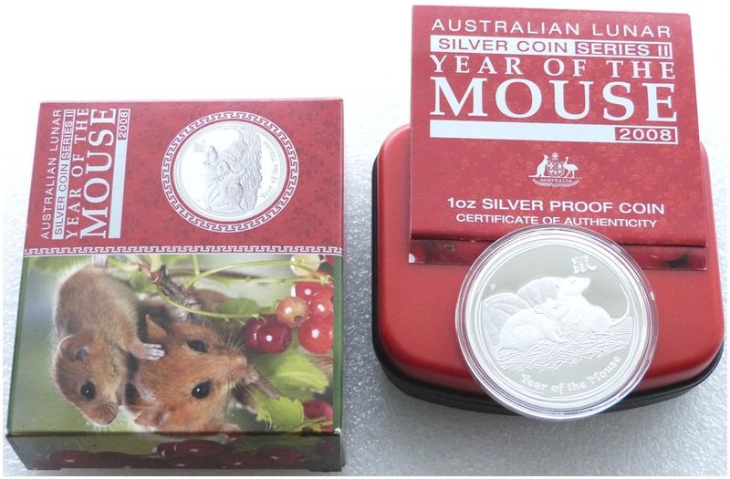 2008-P Australia Lunar Mouse $1 Silver Proof 1oz Coin Box Coa - First Year Series II 2008-P Australia Lunar Mouse $1 Silver Proof 1oz Coin Box Coa - First Year Series II
