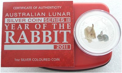 2011-P Australia Lunar Rabbit Colour $1 Silver 1oz Coin Box Coa
