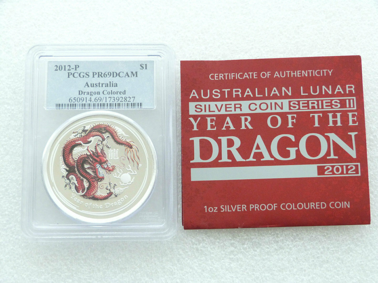 2012-P Australia Lunar Dragon Colour $1 Silver Proof 1oz Coin PCGS PR69 DCAM