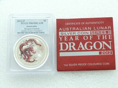 2012-P Australia Lunar Dragon Colour $1 Silver Proof 1oz Coin PCGS PR69 DCAM 2012-P Australia Lunar Dragon Colour $1 Silver Proof 1oz Coin PCGS PR69 DCAM