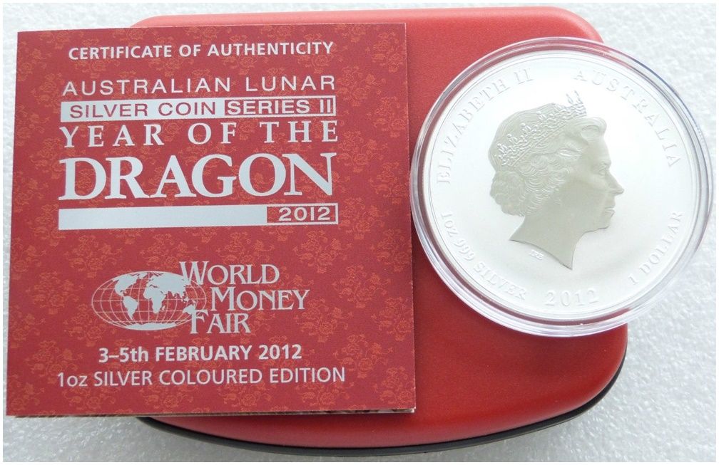 2012 Australia Lunar Dragon Black $1 Silver 1oz Coin Box Coa