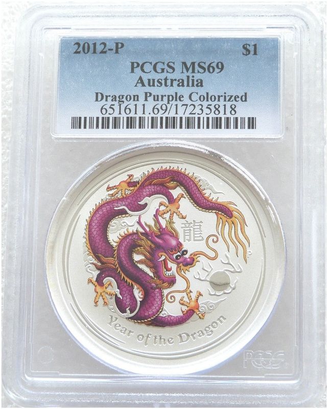 2012-P Australia Lunar Dragon Purple $1 Silver 1oz Coin PCGS MS69 2012-P Australia Lunar Dragon Purple $1 Silver 1oz Coin PCGS MS69