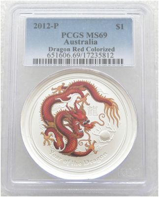2012-P Australia Lunar Dragon Red $1 Silver 1oz Coin PCGS MS69