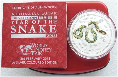 2013-P Australia Lunar Snake Green Berlin World Money Fair $1 Silver 1oz Coin Box Coa