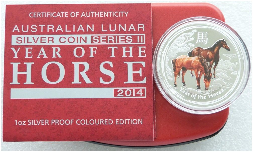 2014-P Australia Lunar Horse Colour $1 Silver Proof 1oz Coin Box Coa 2014-P Australia Lunar Horse Colour $1 Silver Proof 1oz Coin Box Coa