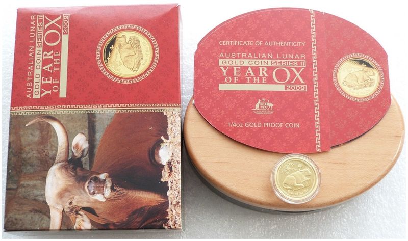 2009-P Australia Lunar Ox $25 Gold Proof 1/4oz Coin Box Coa