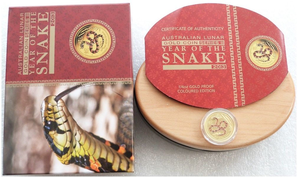 2013-P Australia Lunar Snake Colour $25 Gold Proof 1/4oz Coin Box Coa 2013-P Australia Lunar Snake Colour $25 Gold Proof 1/4oz Coin Box Coa
