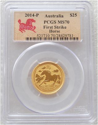 2014-P Australia Lunar Horse $25 Gold 1/4oz Coin PCGS MS70 First Strike