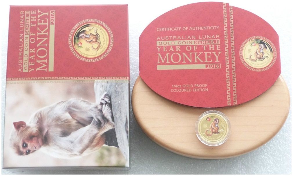 2016-P Australia Lunar Monkey Colour $25 Gold Proof 1/4oz Coin Box Coa