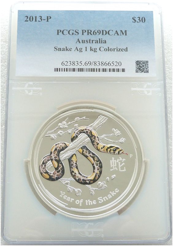 2013-P Australia Lunar Snake Colour $30 Silver Proof Kilo Coin PCGS PR69 DCAM