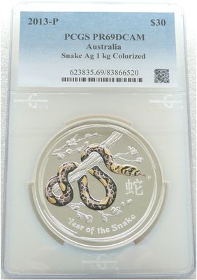 2013-P Australia Lunar Snake Colour $30 Silver Proof Kilo Coin PCGS PR69 DCAM 2013-P Australia Lunar Snake Colour $30 Silver Proof Kilo Coin PCGS PR69 DCAM