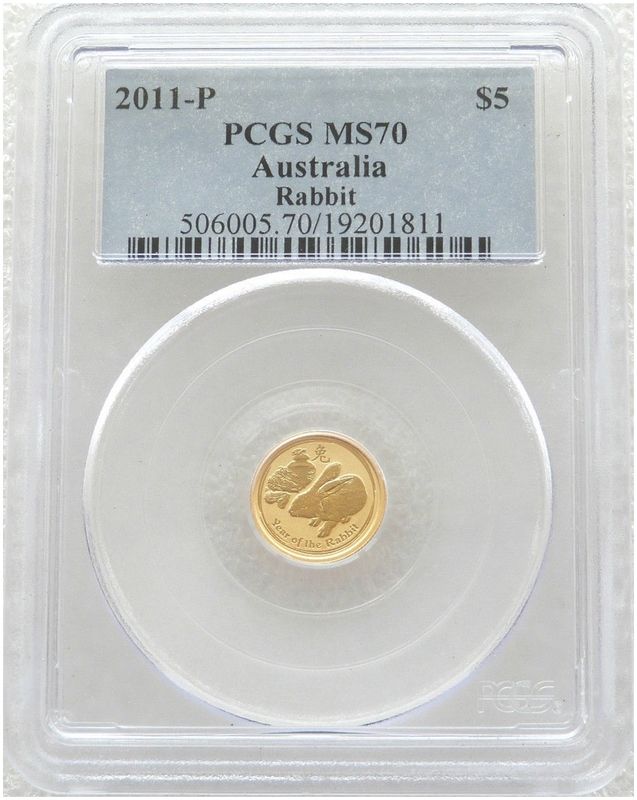 2011-P Australia Lunar Rabbit $5 Gold 1/20oz Coin PCGS MS70