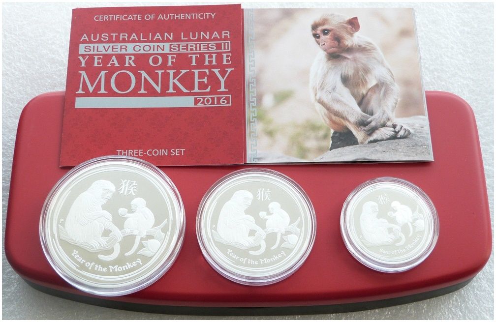 2016-P Australia Lunar Monkey Silver Proof 3 Coin Set Box Coa 2016-P Australia Lunar Monkey Silver Proof 3 Coin Set Box Coa