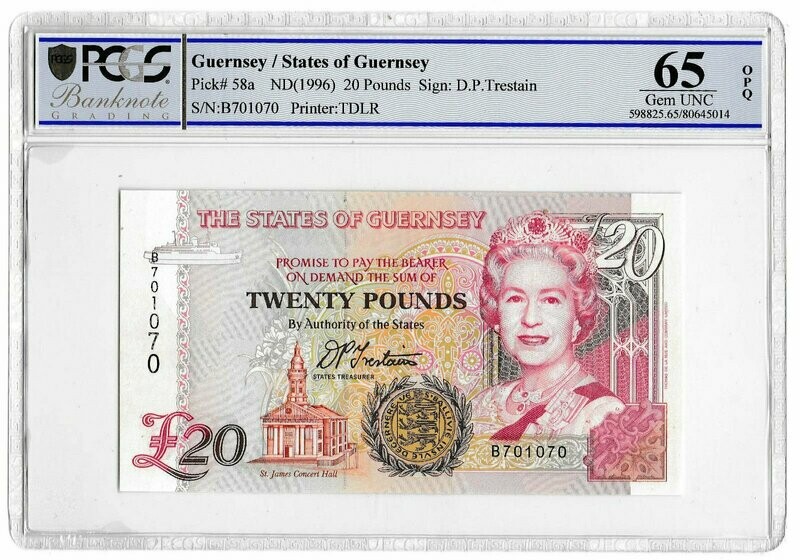 1996 Guernsey D P Trestain £20 Twenty Pound Banknote P58a Gem Uncirculated 65 OPQ 1996 Guernsey D P Trestain £20 Twenty Pound Banknote P58a Gem Uncirculated 65 OPQ