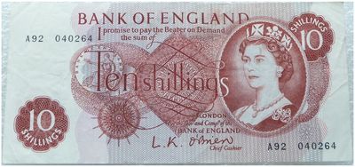 1961 - 1963 Bank of England L K O'Brien Red 10 Shilling Banknote (A01 to K64) 1961 - 1963 Bank of England L K O'Brien Red 10 Shilling Banknote (A01 to K64)