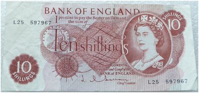 1963 - 1967 Bank of England J Q Hollom Red 10 Shilling Banknote (K65 to Z99) 1963 - 1967 Bank of England J Q Hollom Red 10 Shilling Banknote (K65 to Z99)