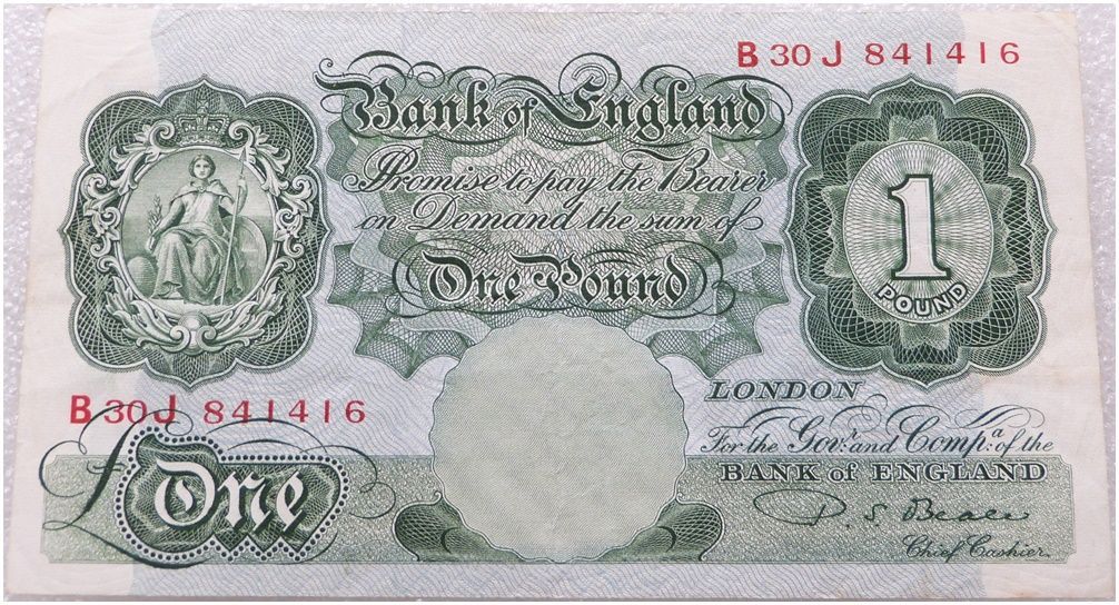 1949 - 1950 Bank of England P S Beale Green £1 One Pound Banknote 1949 - 1950 Bank of England P S Beale Green £1 One Pound Banknote