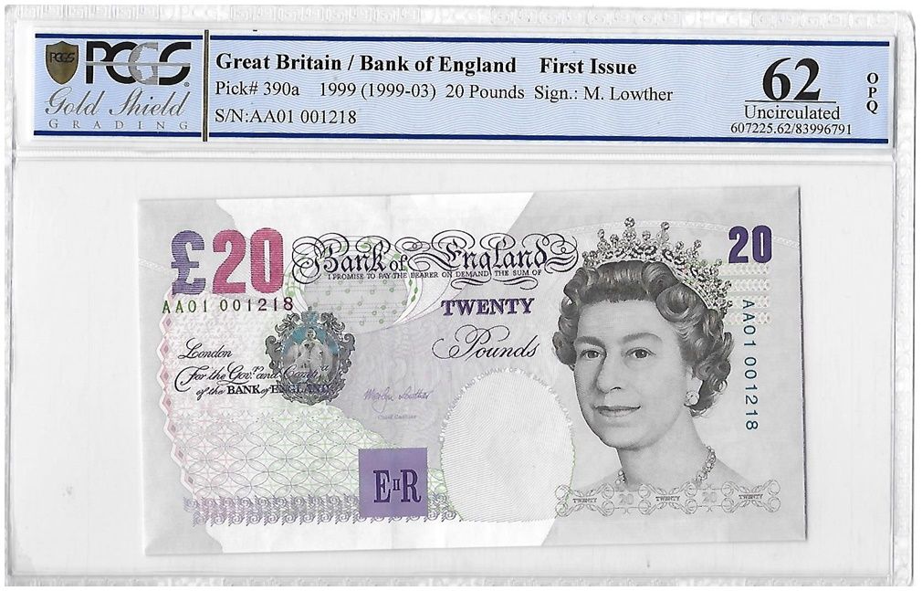 1999 - 2003 Bank of England Merlyn Lowther First Run £20 Twenty Pound Banknote AA01 Uncirculated 62 OPQ