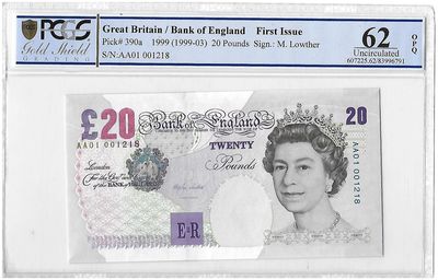1999 - 2003 Bank of England Merlyn Lowther First Run £20 Twenty Pound Banknote AA01 Uncirculated 62 OPQ 1999 - 2003 Bank of England Merlyn Lowther First Run £20 Twenty Pound Banknote AA01 Uncirculated 62 OPQ