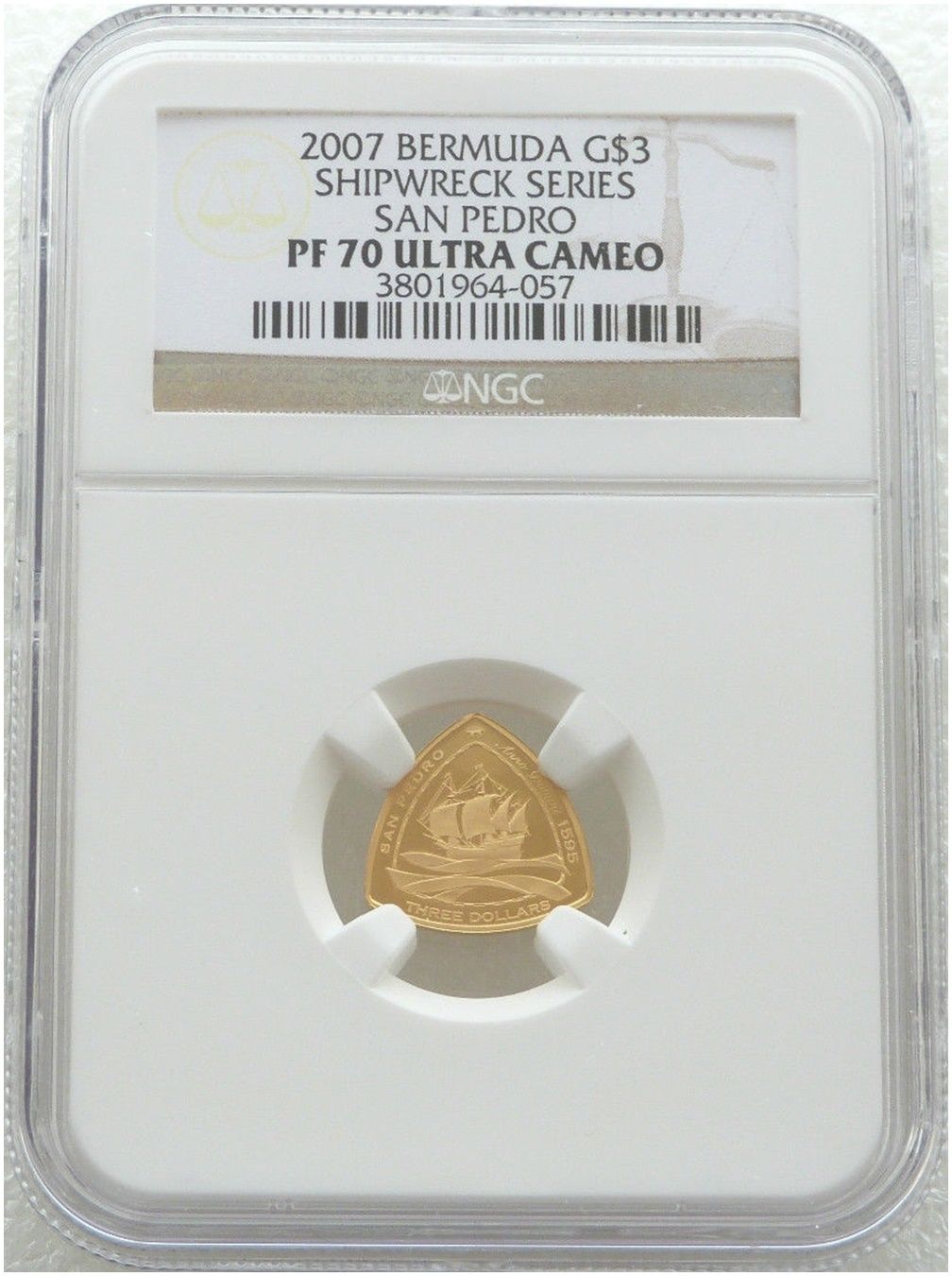 2007 Bermuda San Pedro Ship $3 Gold Proof 1/20oz Coin NGC PF70