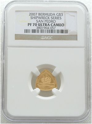 2007 Bermuda San Pedro Ship $3 Gold Proof 1/20oz Coin NGC PF70