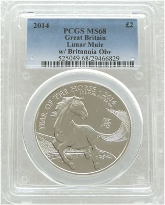 2014 British Lunar Horse Mint Error Mule £2 Silver 1oz Coin PCGS MS68 2014 British Lunar Horse Mint Error Mule £2 Silver 1oz Coin PCGS MS68
