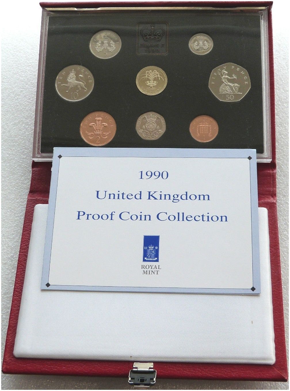 1990 Royal Mint Deluxe Proof 8 Coin Set Red Leather Case Coa