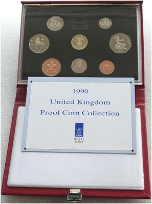 1990 Royal Mint Deluxe Proof 8 Coin Set Red Leather Case Coa