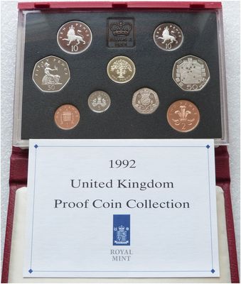 1992 Royal Mint Deluxe Proof 9 Coin Set Red Leather Case Coa