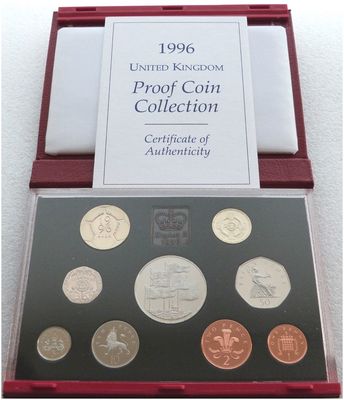 1996 Royal Mint Deluxe Proof 9 Coin Set Red Leather Case Coa