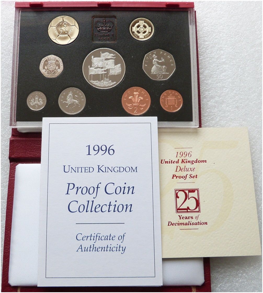 1996 Royal Mint Deluxe Proof 9 Coin Set Red Leather Case Coa