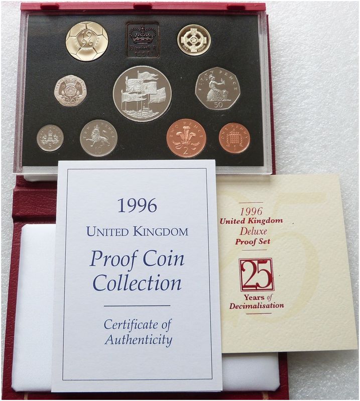 1996 Royal Mint Deluxe Proof 9 Coin Set Red Leather Case Coa