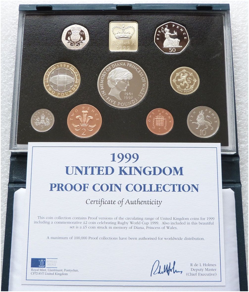 1999 Royal Mint Standard Proof 9 Coin Set Blue Case Coa