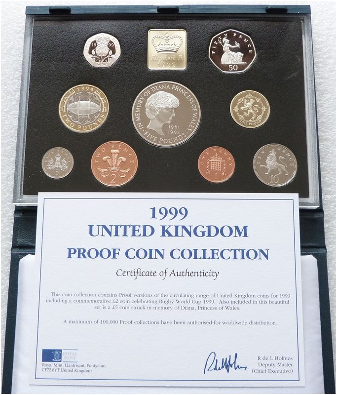 1999 Royal Mint Standard Proof 9 Coin Set Blue Case Coa