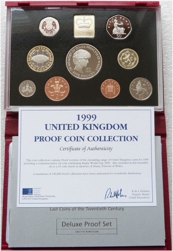 1999 Royal Mint Deluxe Proof 9 Coin Set Red Leather Case Coa