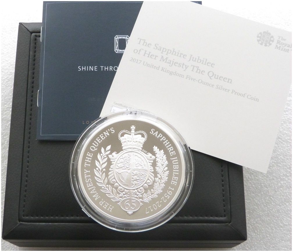 2017 Sapphire Jubilee £10 Silver Proof 5oz Coin Box Coa 2017 Sapphire Jubilee £10 Silver Proof 5oz Coin Box Coa