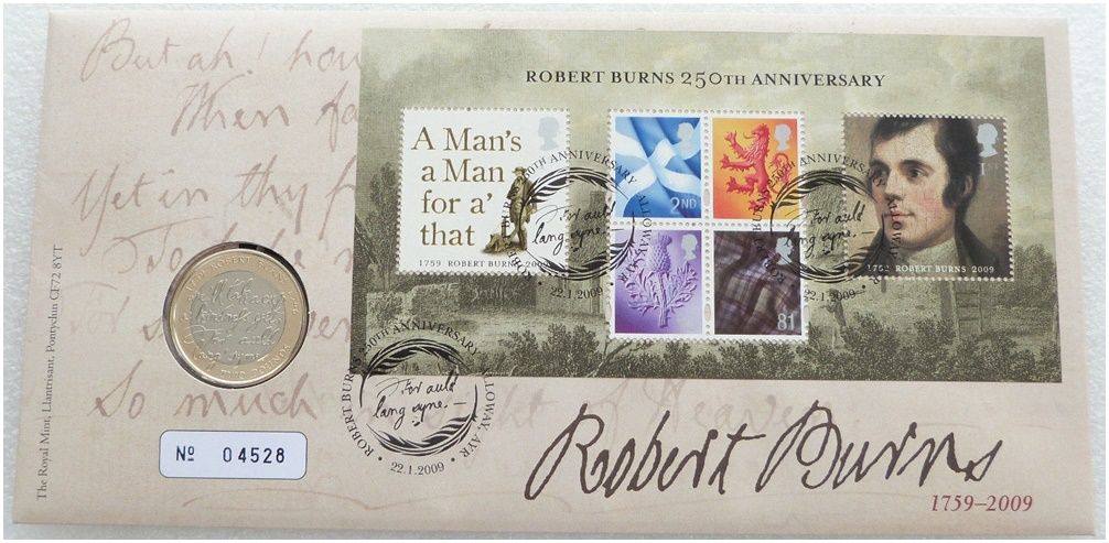 2009 Robert Burns £2 Brilliant Uncirculated Coin First Day Cover