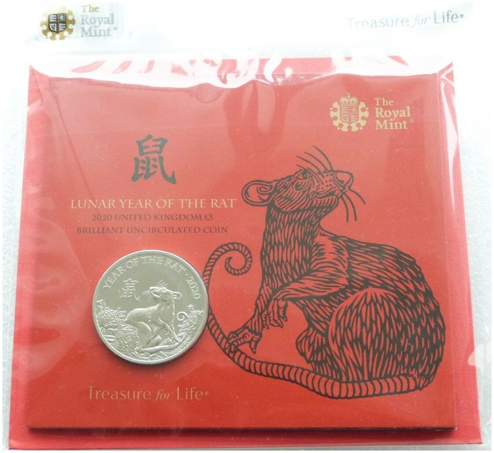 2020 British Lunar Rat £5 Brilliant Uncirculated Coin Pack Sealed