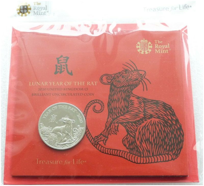 2020 British Lunar Rat £5 Brilliant Uncirculated Coin Pack Sealed