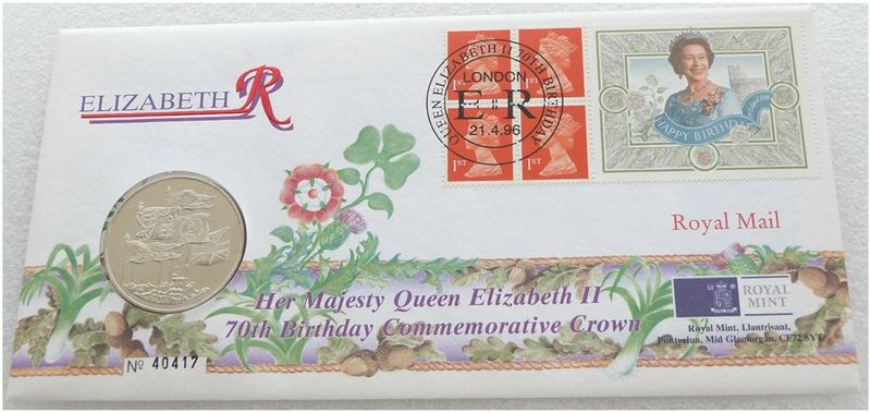 1996 Queen's 70th Birthday £5 Brilliant Uncirculated Coin First Day Cover