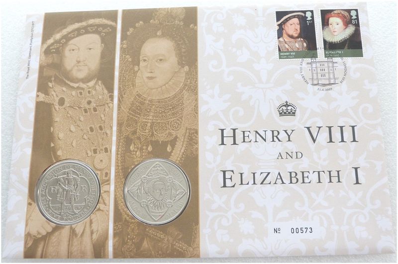 2009 King Henry VIII Elizabeth I £5 Brilliant Uncirculated Coin Set First Day Cover